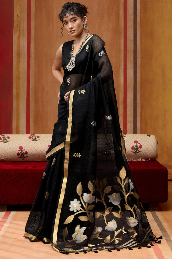 Jaguar Black Munga Cotton Silk Saree with Organza Weaving Pallu