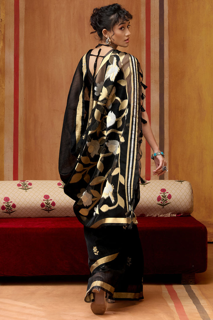 Jaguar Black Munga Cotton Silk Saree with Organza Weaving Pallu