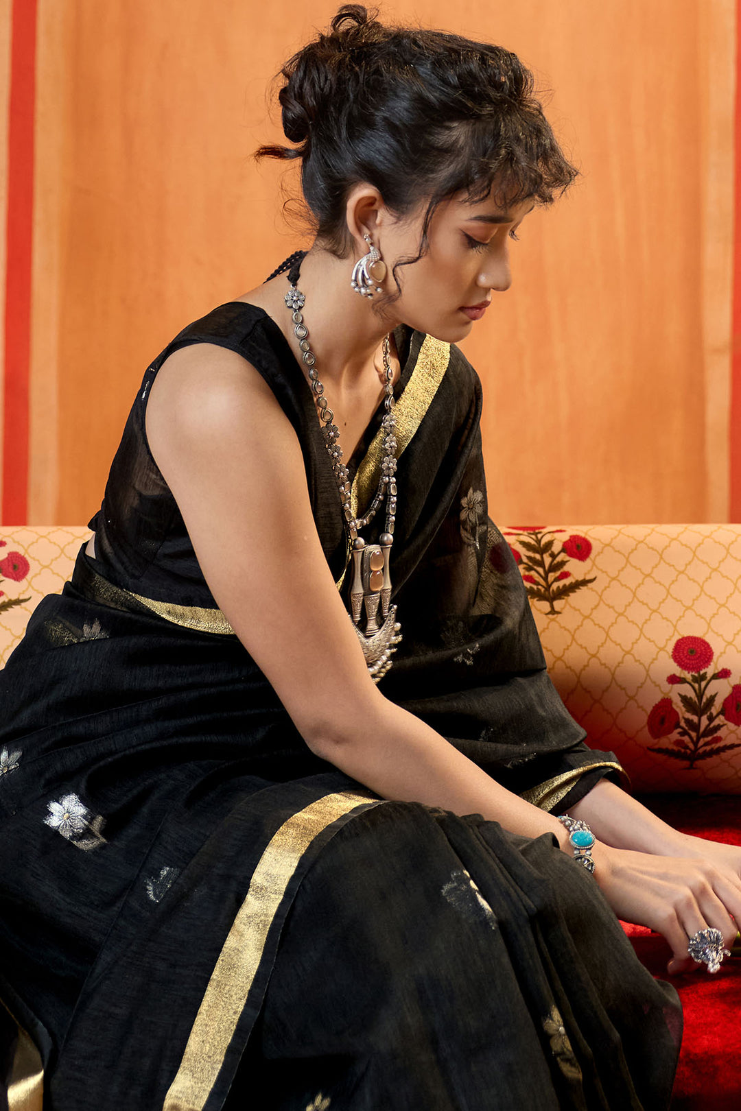 Jaguar Black Munga Cotton Silk Saree with Organza Weaving Pallu
