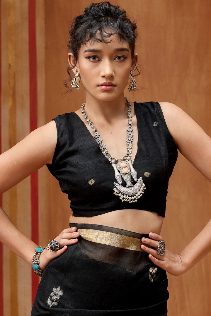 Jaguar Black Munga Cotton Silk Saree with Organza Weaving Pallu