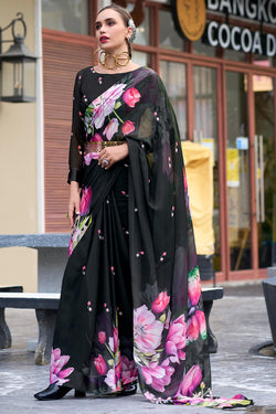 Jaguar Black Printed Georgette Silk Saree