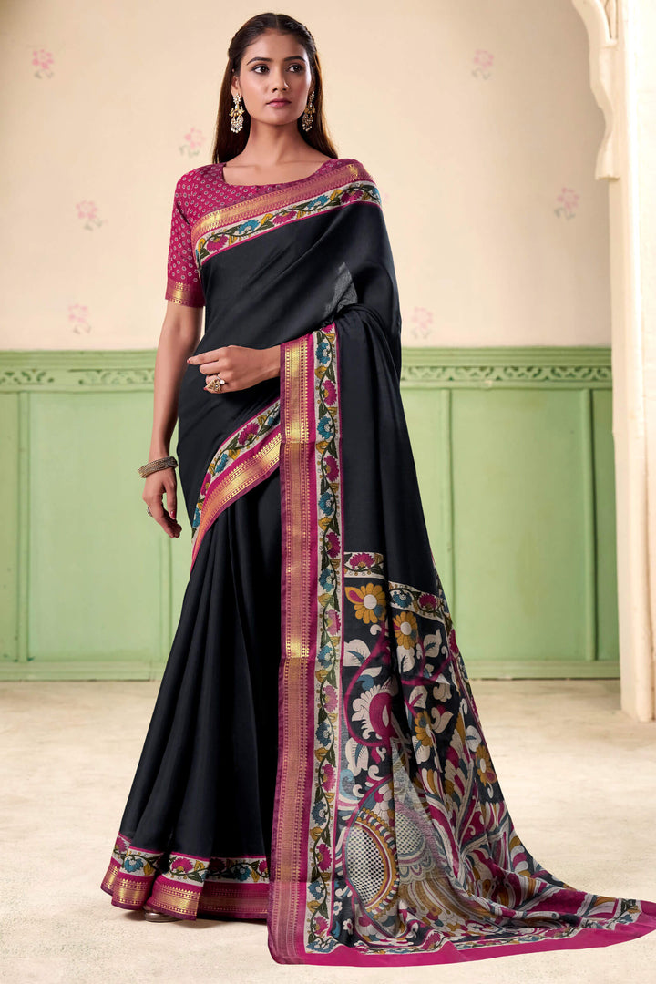 Jaguar Black Printed Mul cotton Silk Saree