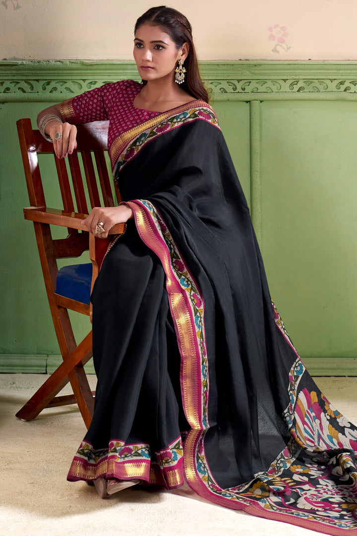 Jaguar Black Printed Mul cotton Silk Saree