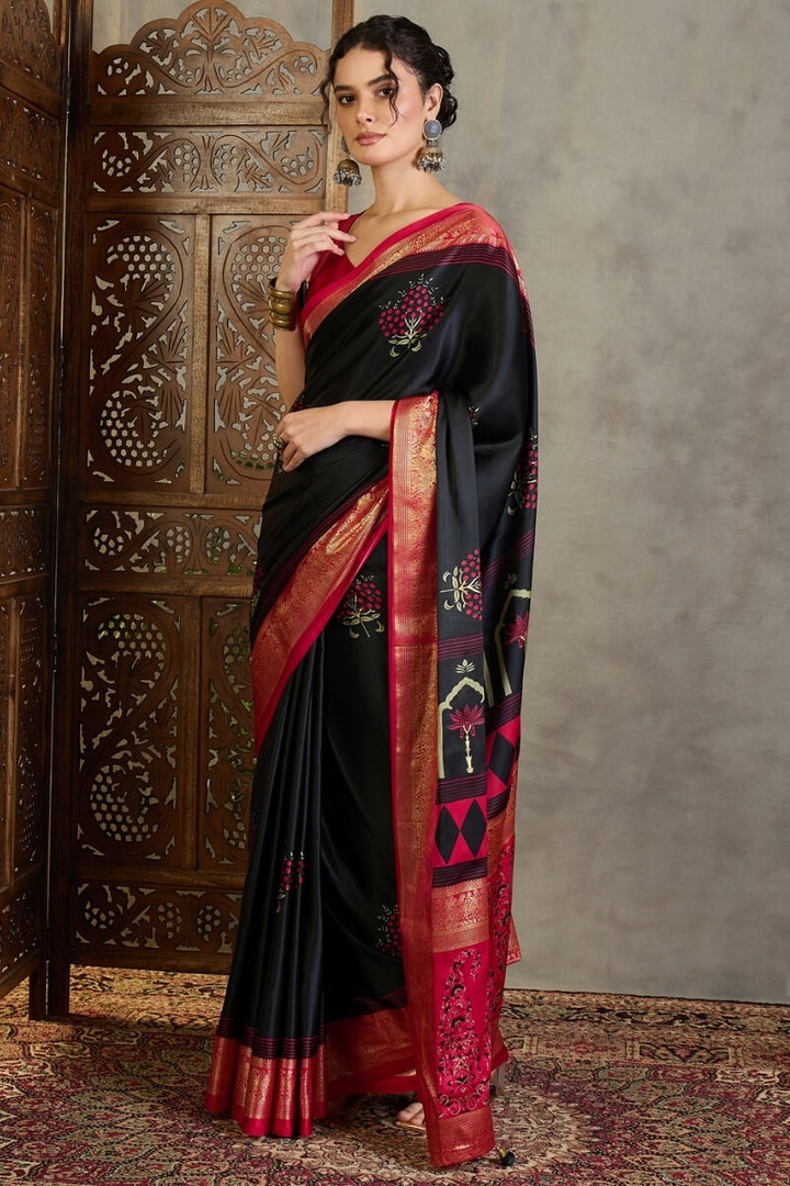 Jaguar Black Printed Satin Silk Saree with Zari woven Border and Pallu