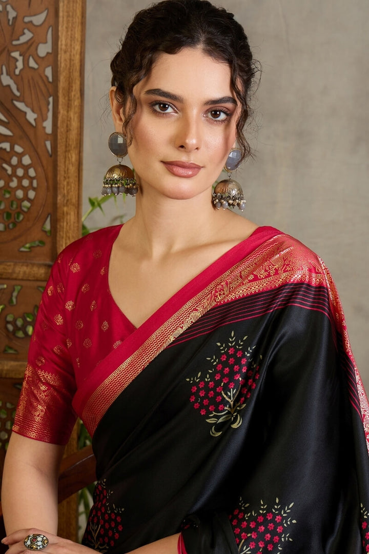 Jaguar Black Printed Satin Silk Saree with Zari woven Border and Pallu