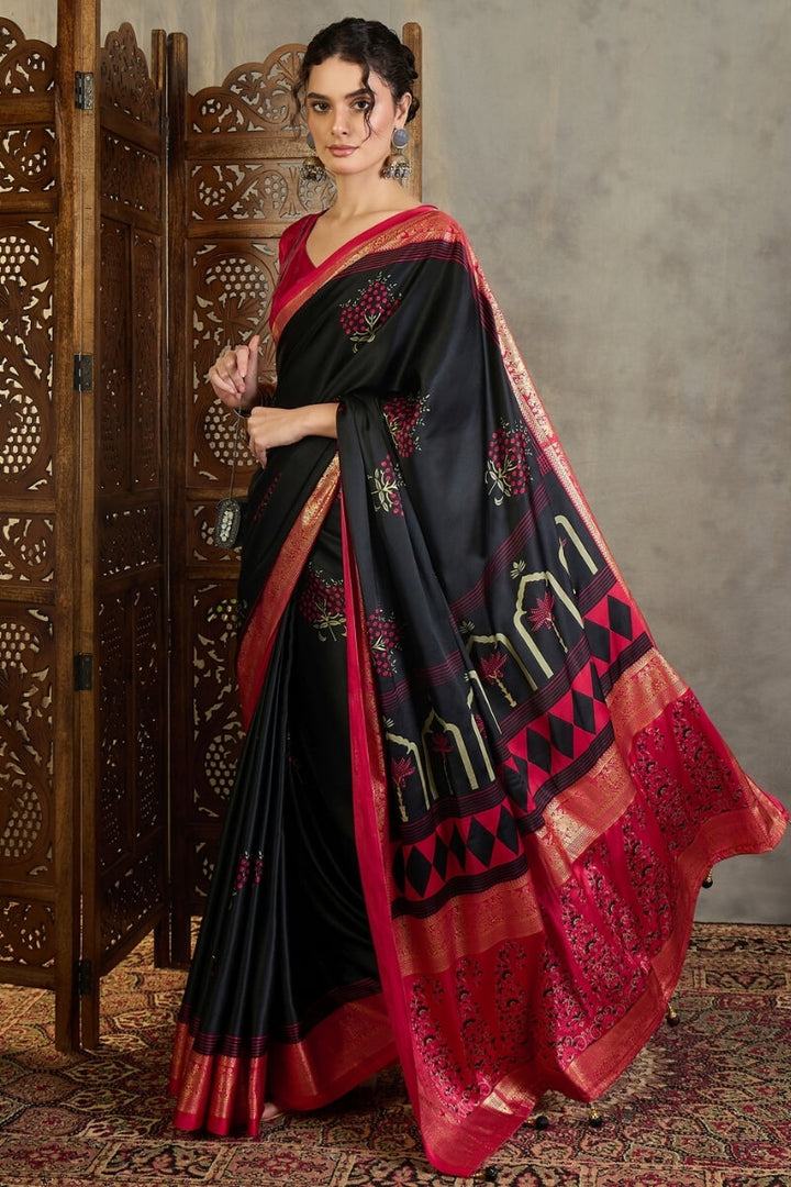 Jaguar Black Printed Satin Silk Saree with Zari woven Border and Pallu