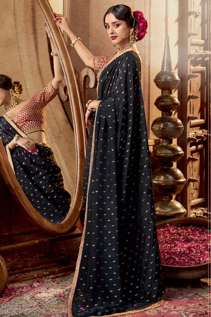 Jaguar Black Pure Viscose Crepe Silk Saree with Embroidery Blouse Piece