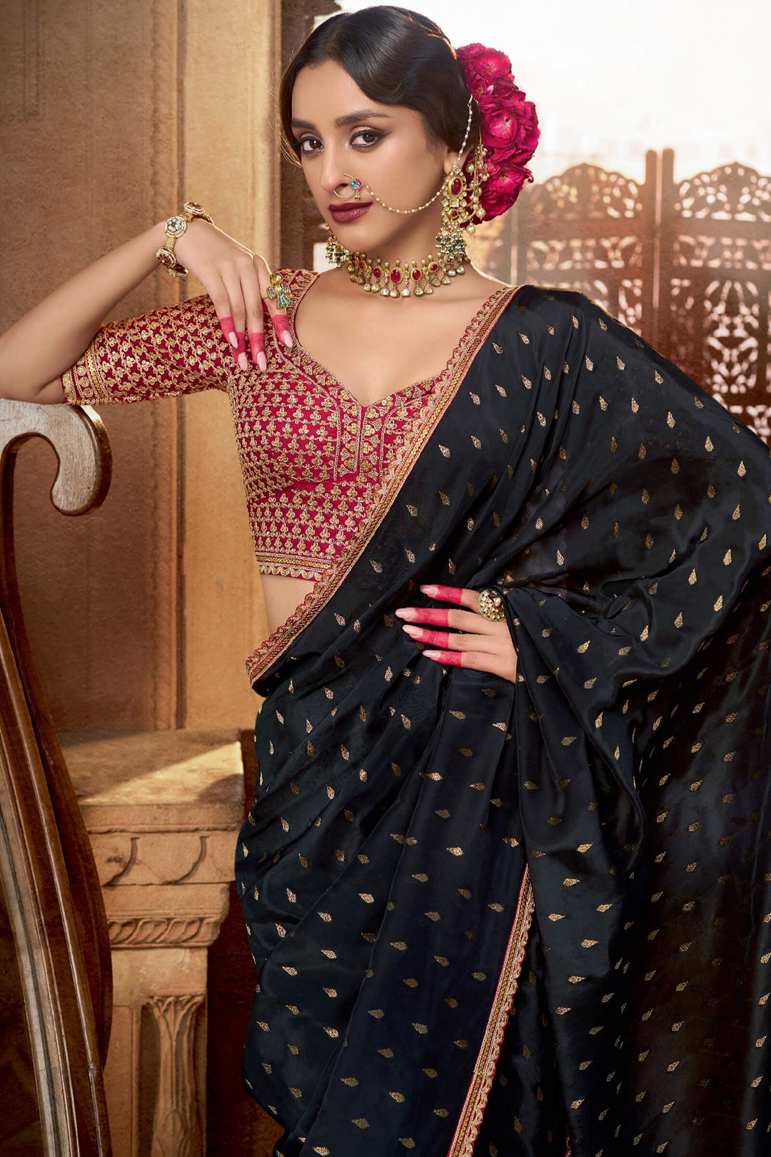 Jaguar Black Pure Viscose Crepe Silk Saree with Embroidery Blouse Piece