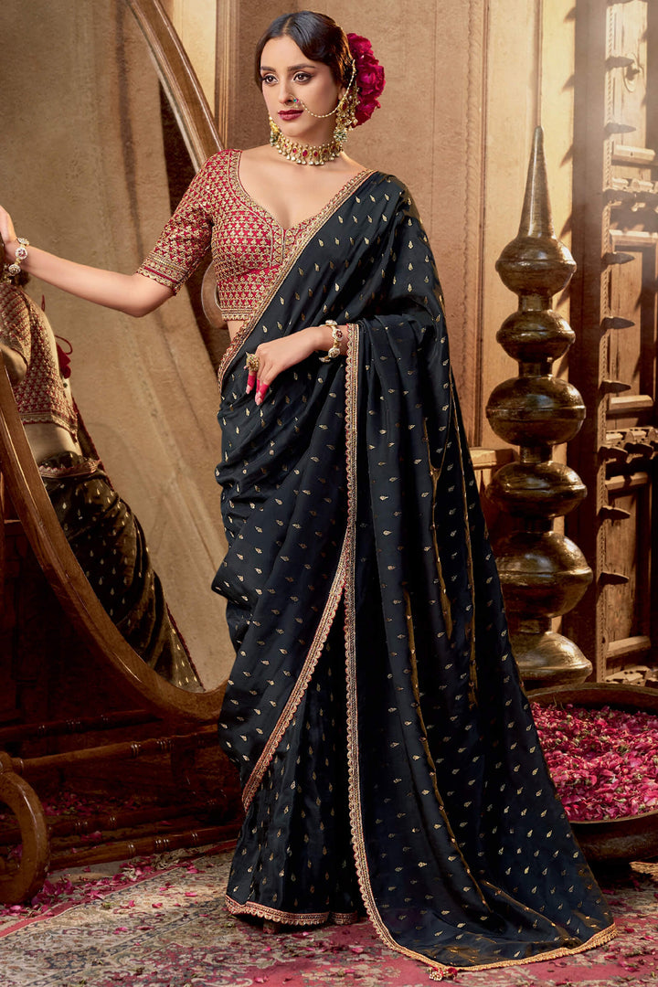 Jaguar Black Pure Viscose Crepe Silk Saree with Embroidery Blouse Piece