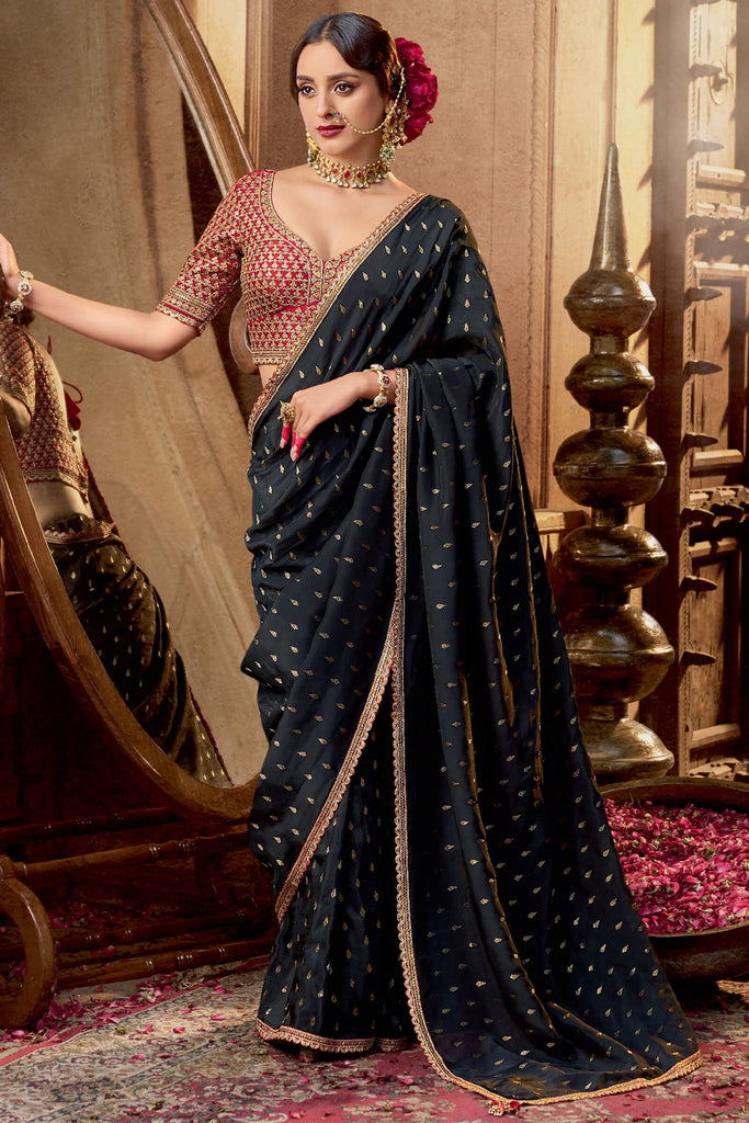 Jaguar Black Pure Viscose Crepe Silk Saree with Embroidery Blouse Piece