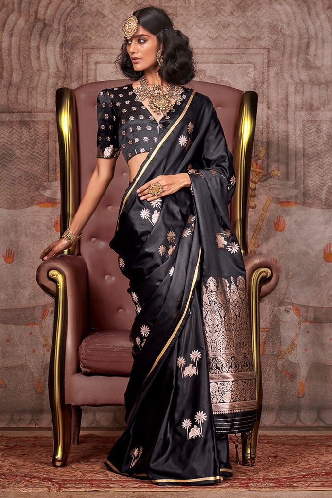 Jaguar Black Zari Woven Banarasi Satin Silk Saree