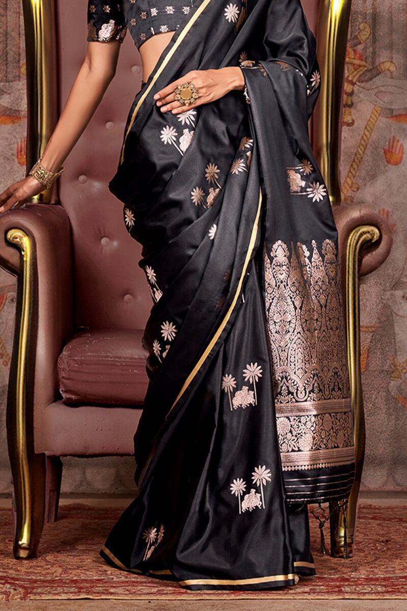 Jaguar Black Zari Woven Banarasi Satin Silk Saree