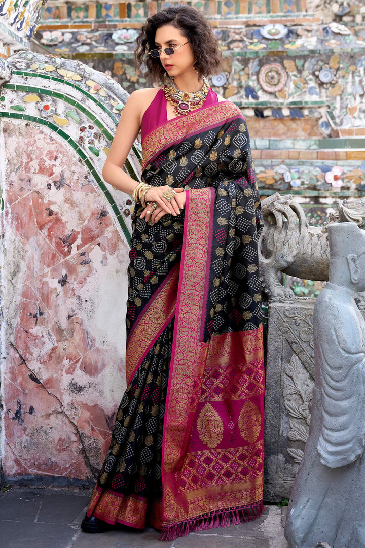 Jaguar Black Zari Woven Soft Silk Saree
