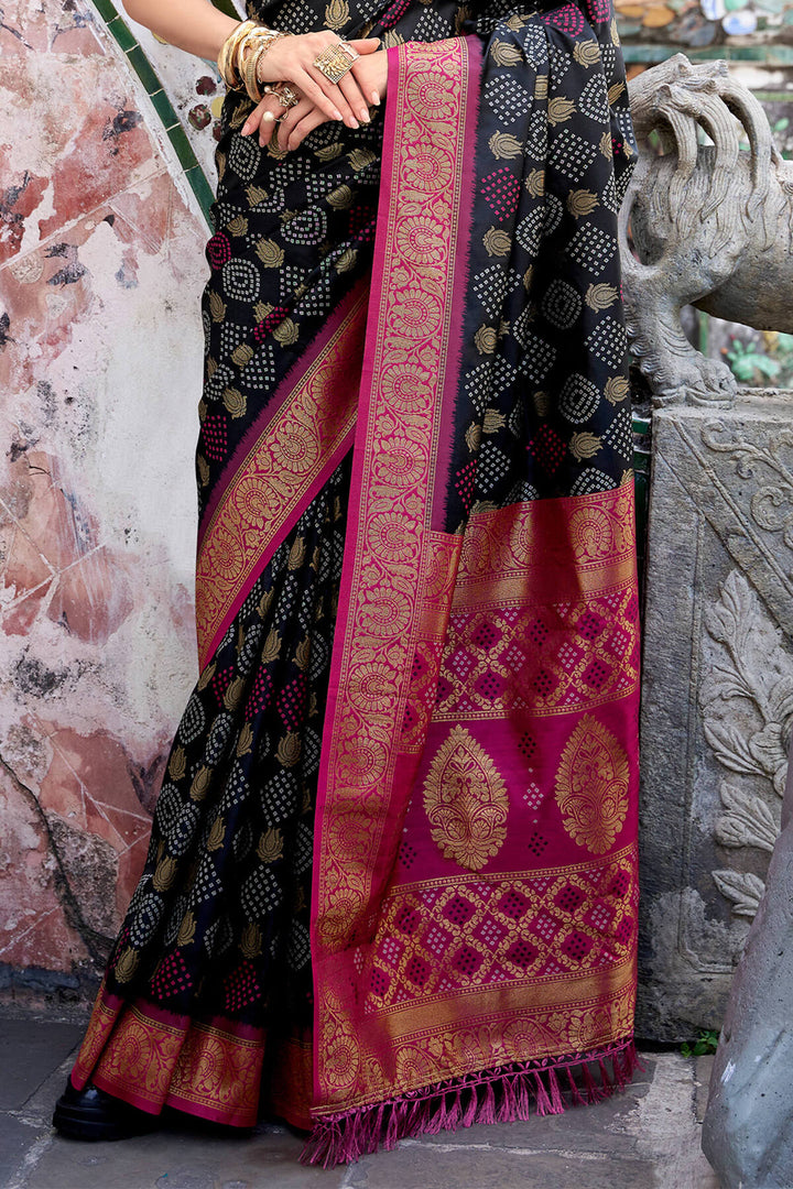 Jaguar Black Zari Woven Soft Silk Saree