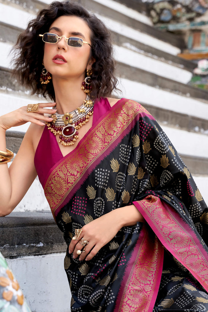 Jaguar Black Zari Woven Soft Silk Saree