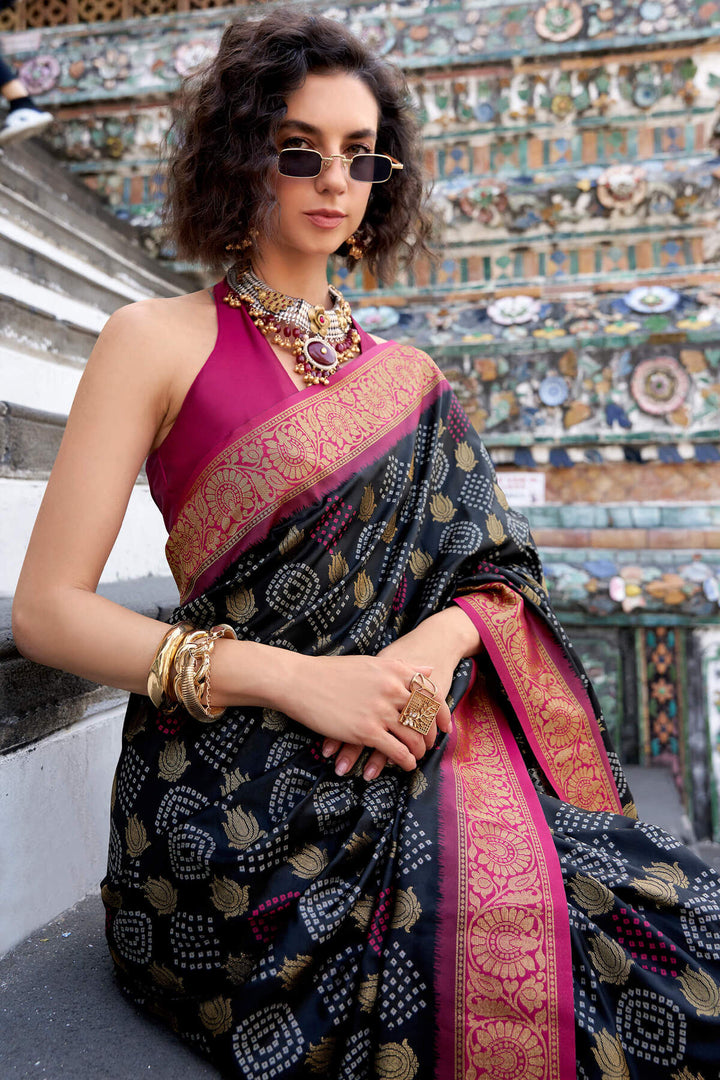 Jaguar Black Zari Woven Soft Silk Saree