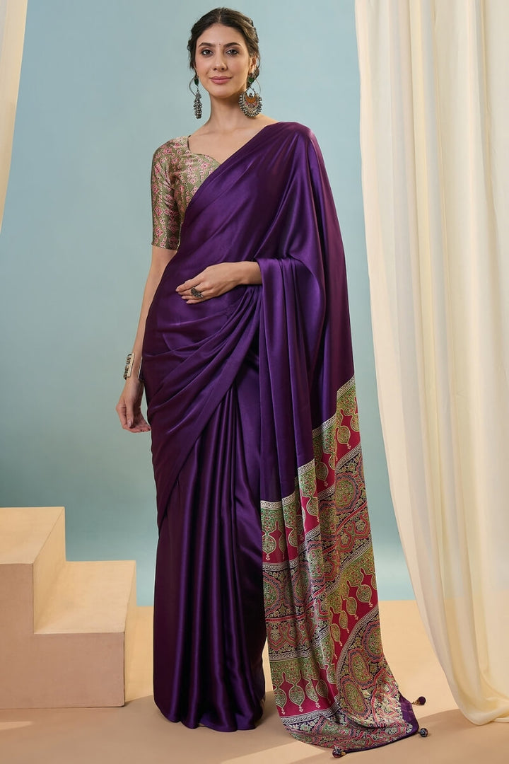 Jam Purple Ajrakh Printed Satin Silk Saree