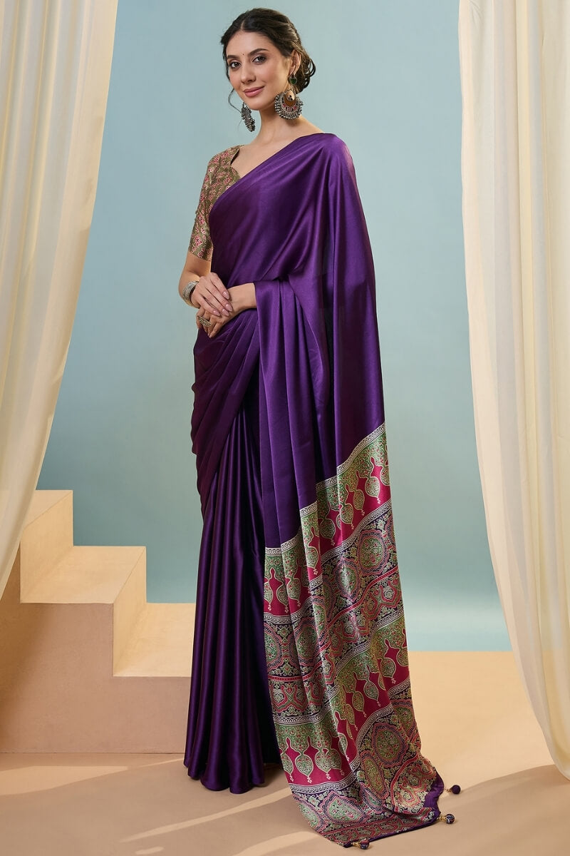 Jam Purple Ajrakh Printed Satin Silk Saree