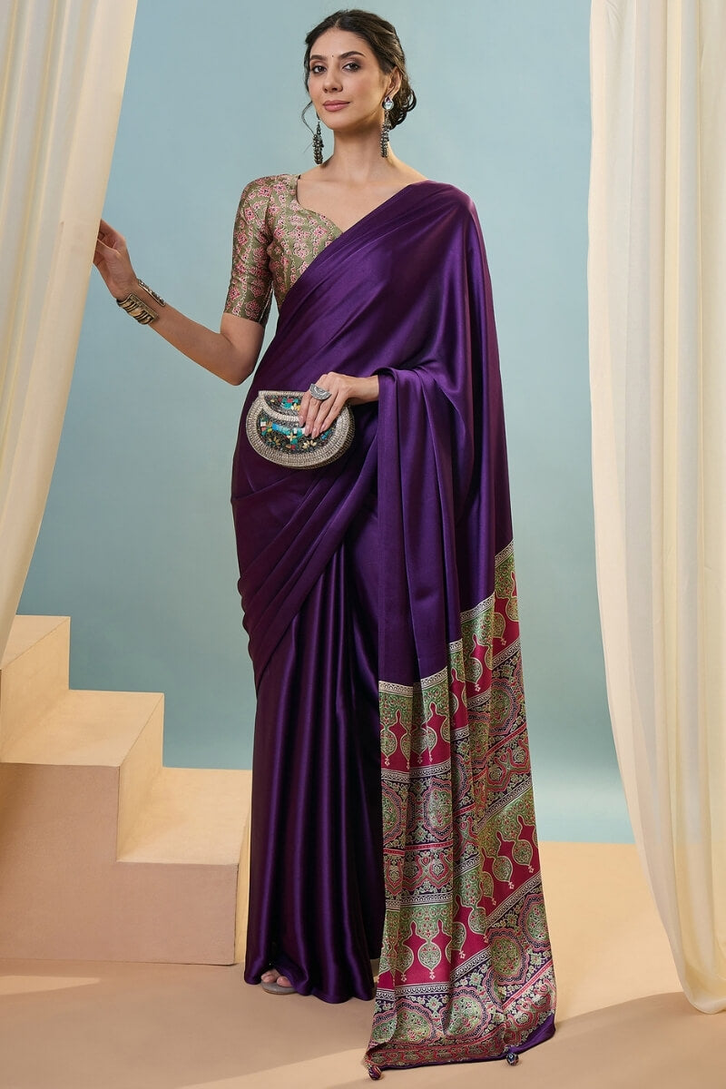 Jam Purple Ajrakh Printed Satin Silk Saree