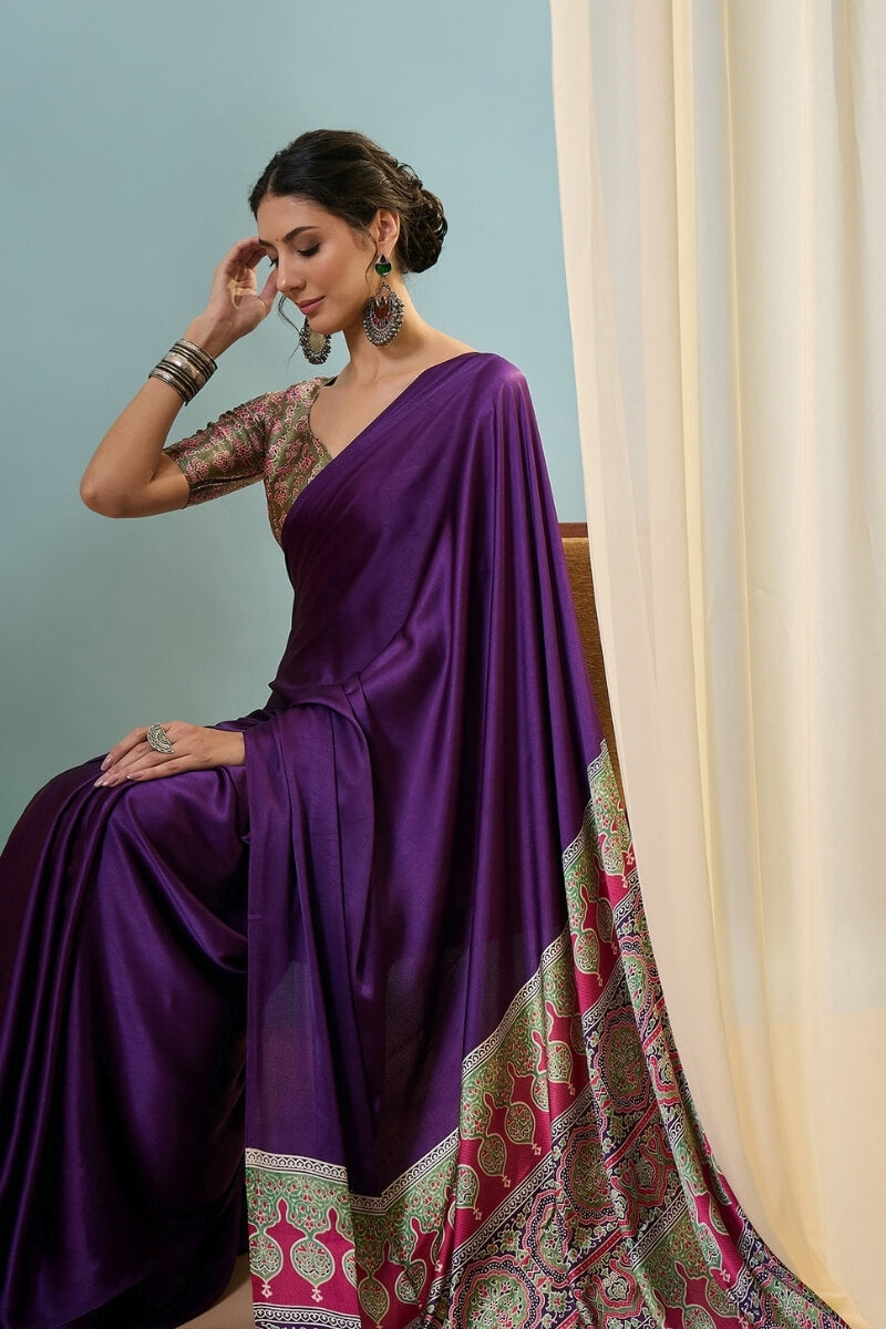 Jam Purple Ajrakh Printed Satin Silk Saree