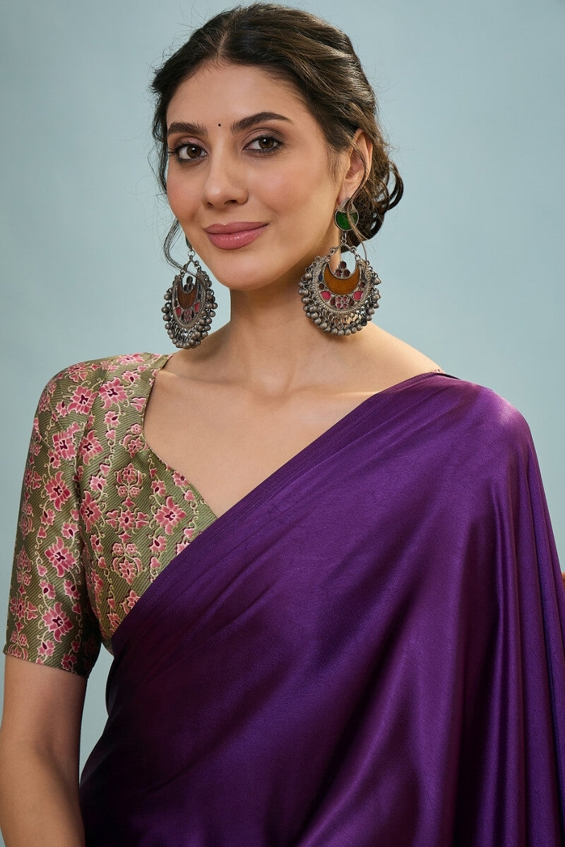 Jam Purple Ajrakh Printed Satin Silk Saree