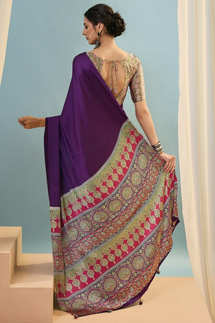 Jam Purple Ajrakh Printed Satin Silk Saree