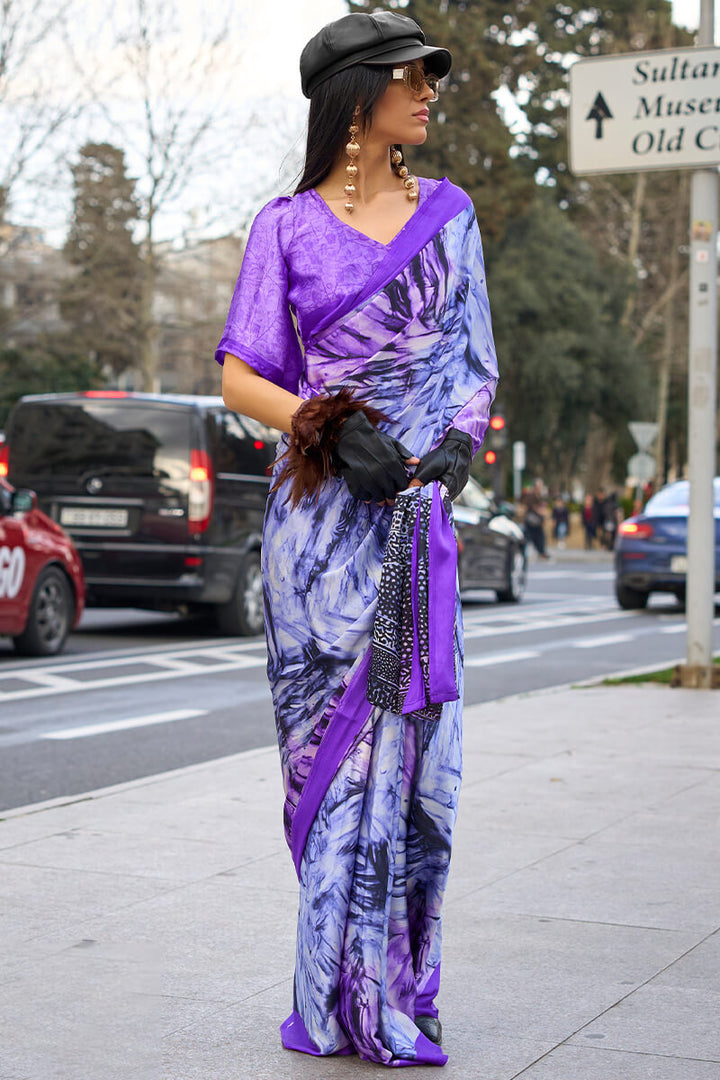 Jasmine Purple Printed Satin Silk Saree