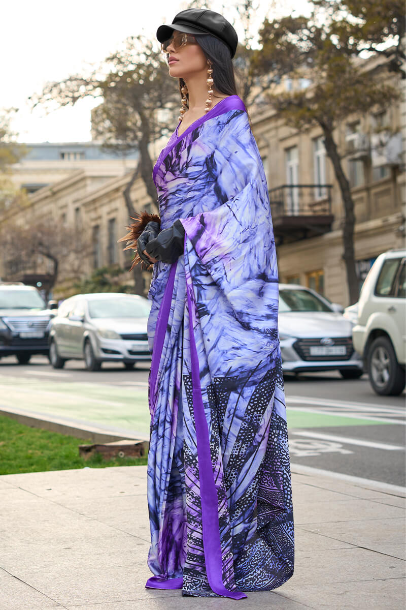 Jasmine Purple Printed Satin Silk Saree