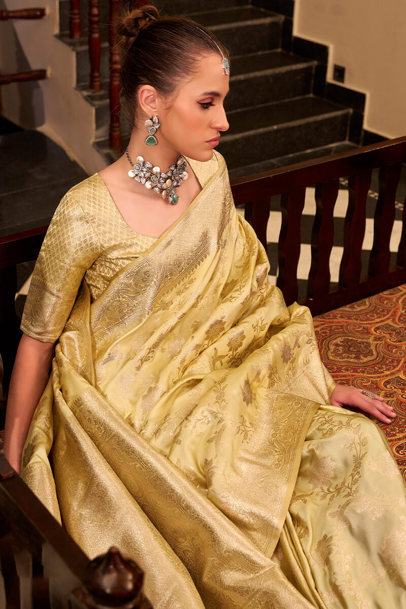 Jasmine Yellow Banarasi Satin Silk Saree