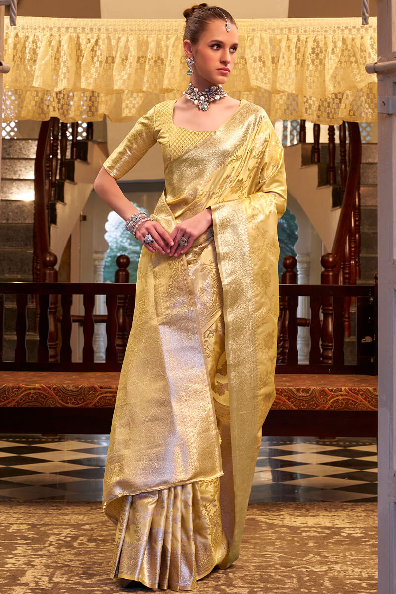 Jasmine Yellow Banarasi Satin Silk Saree
