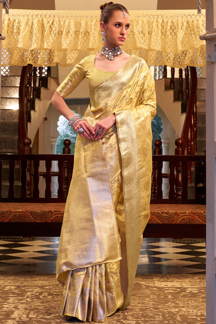 Jasmine Yellow Banarasi Satin Silk Saree