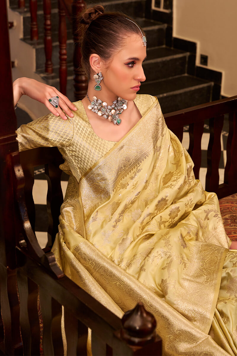 Jasmine Yellow Banarasi Satin Silk Saree