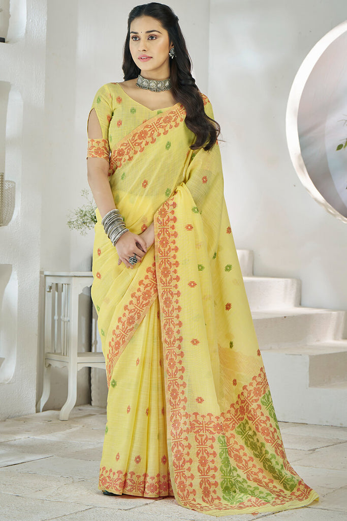 Jasmine Yellow Soft Linen Silk Saree