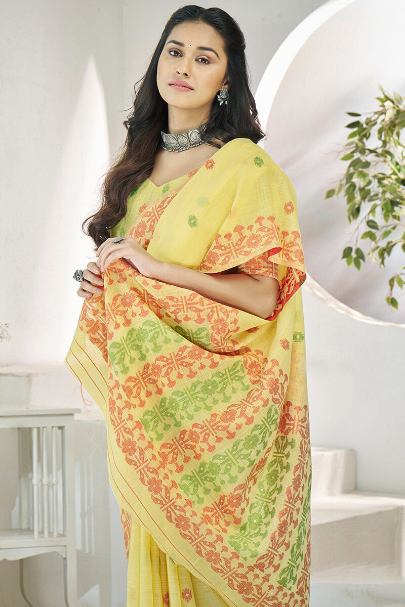 Jasmine Yellow Soft Linen Silk Saree