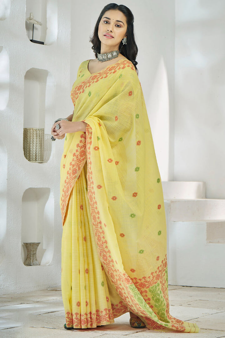 Jasmine Yellow Soft Linen Silk Saree