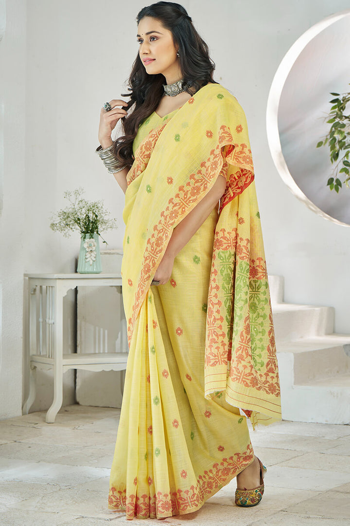 Jasmine Yellow Soft Linen Silk Saree