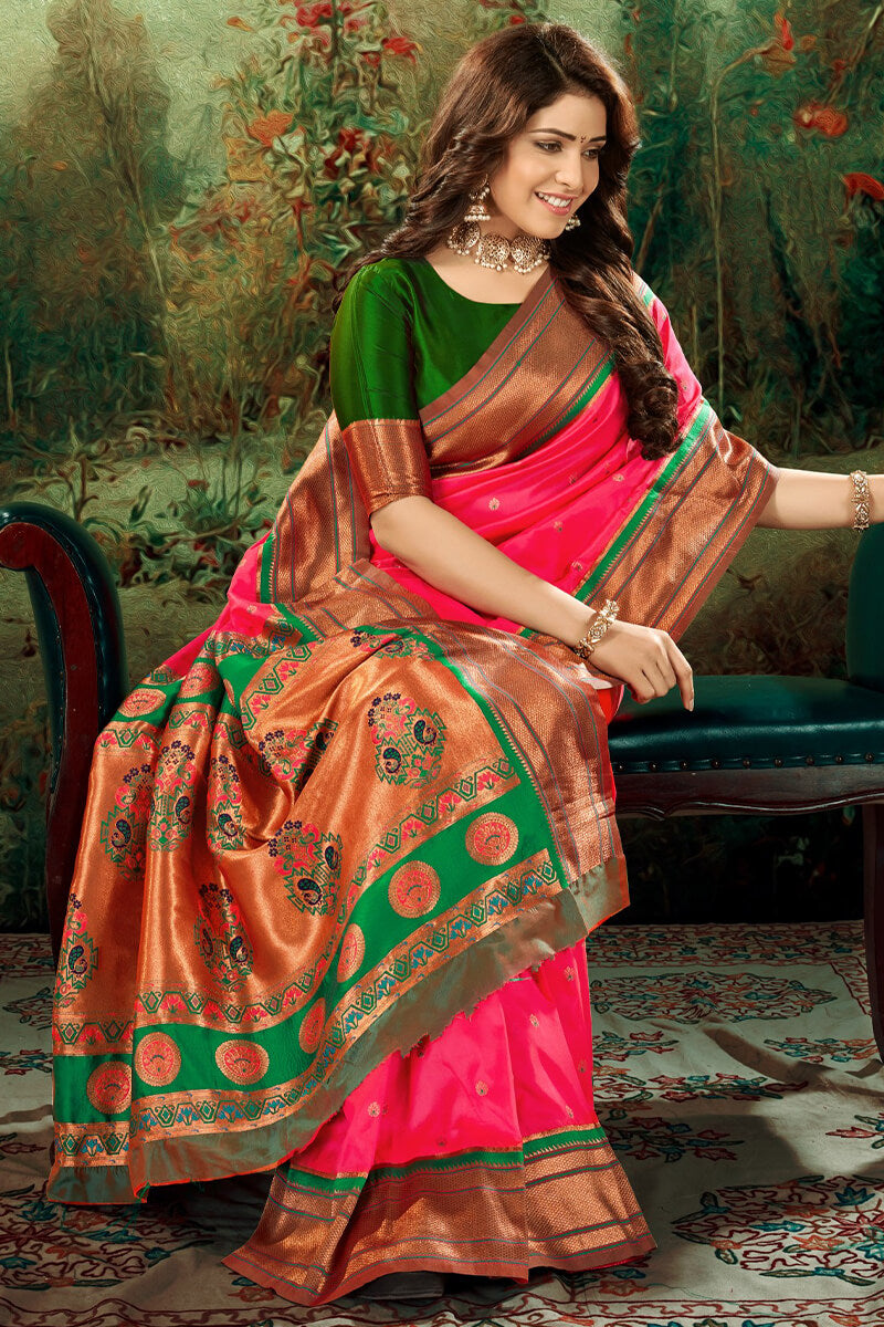 Jasper Pink Zari Woven Paithani Silk Saree