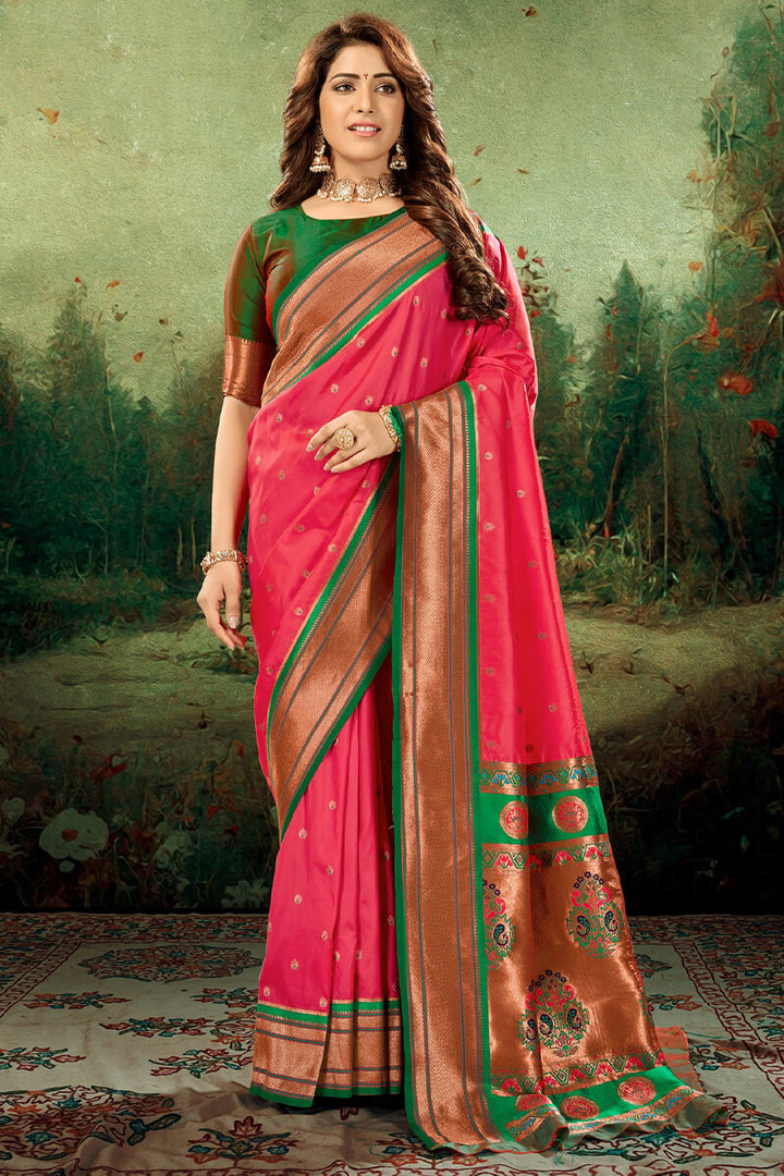 Jasper Pink Zari Woven Paithani Silk Saree