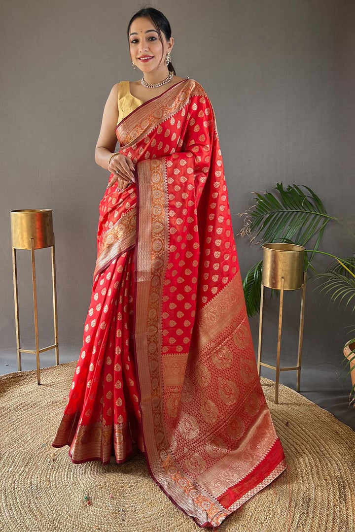 Jasper Red Zari Woven Banarasi Silk Saree