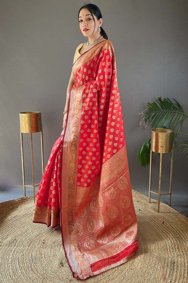 Jasper Red Zari Woven Banarasi Silk Saree