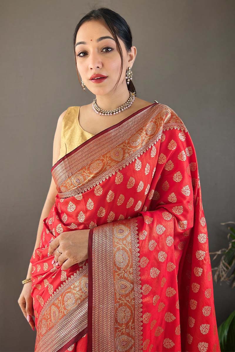 Jasper Red Zari Woven Banarasi Silk Saree