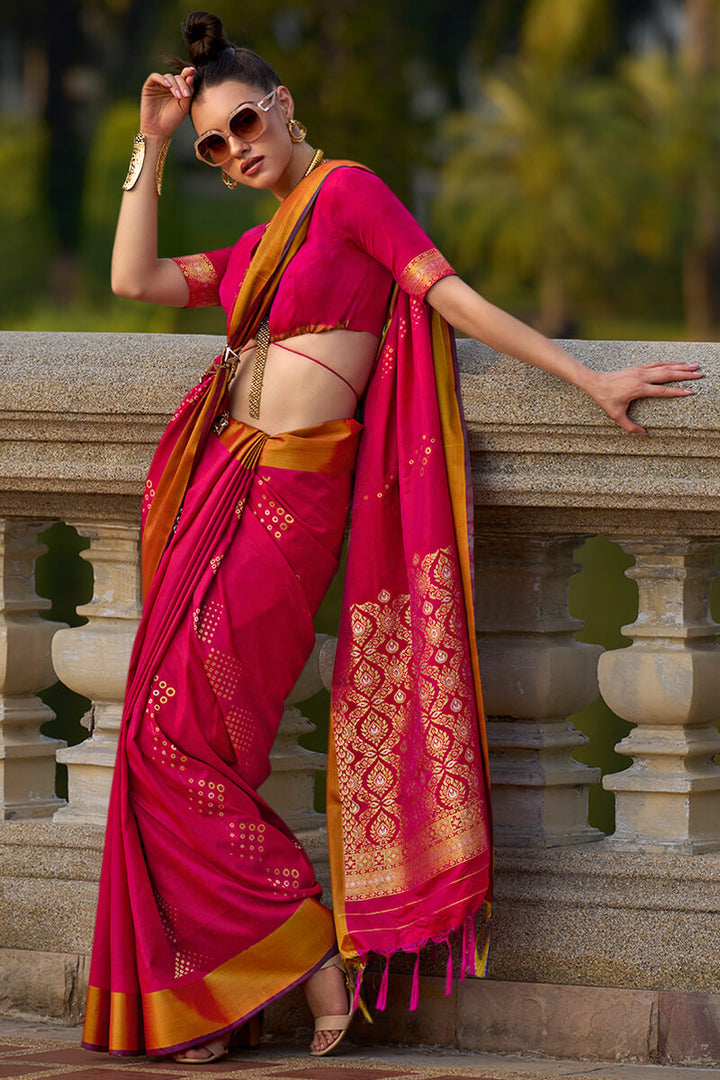 Jazzberry Pink Zari Woven Soft Silk Saree