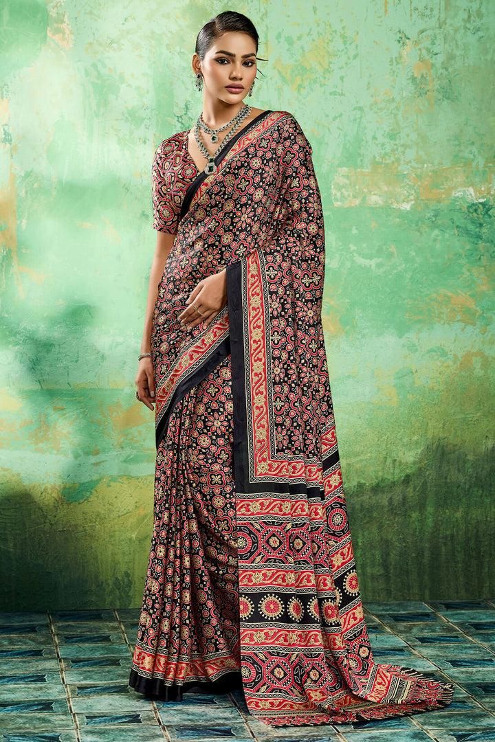 Jet Black Ajrakh Printed Satin Silk Saree