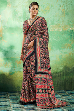 Jet Black Ajrakh Printed Satin Silk Saree