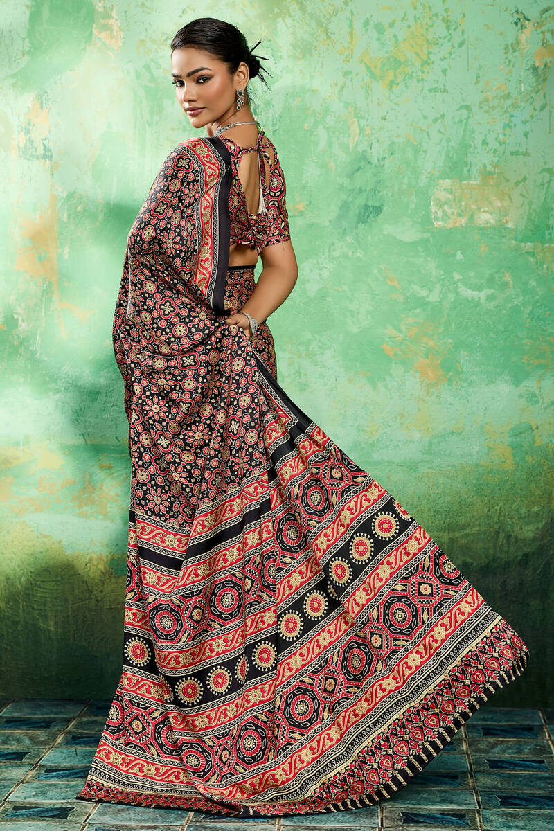 Jet Black Ajrakh Printed Satin Silk Saree