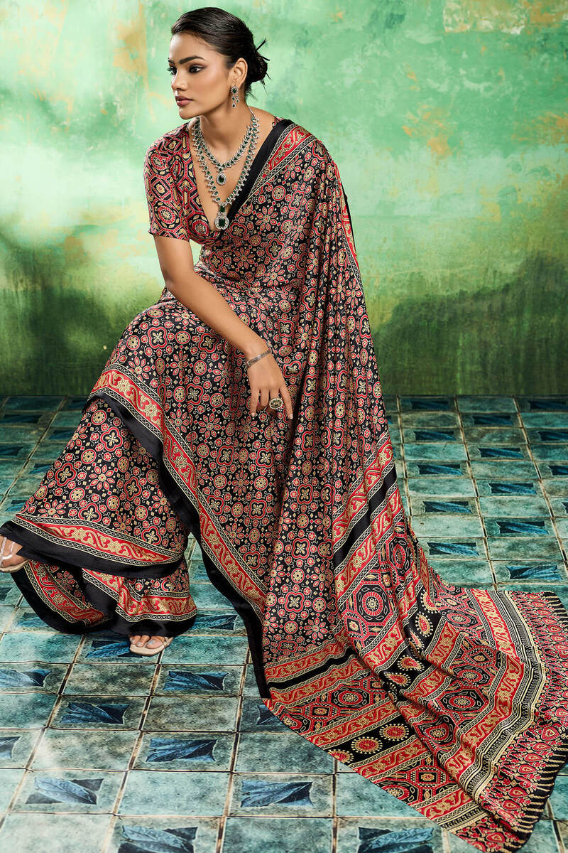 Jet Black Ajrakh Printed Satin Silk Saree