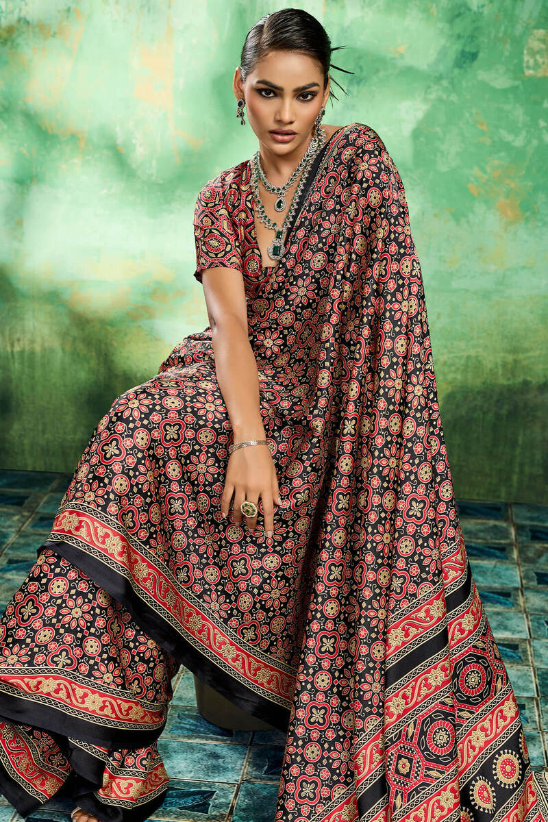 Jet Black Ajrakh Printed Satin Silk Saree