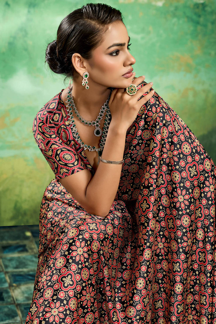 Jet Black Ajrakh Printed Satin Silk Saree