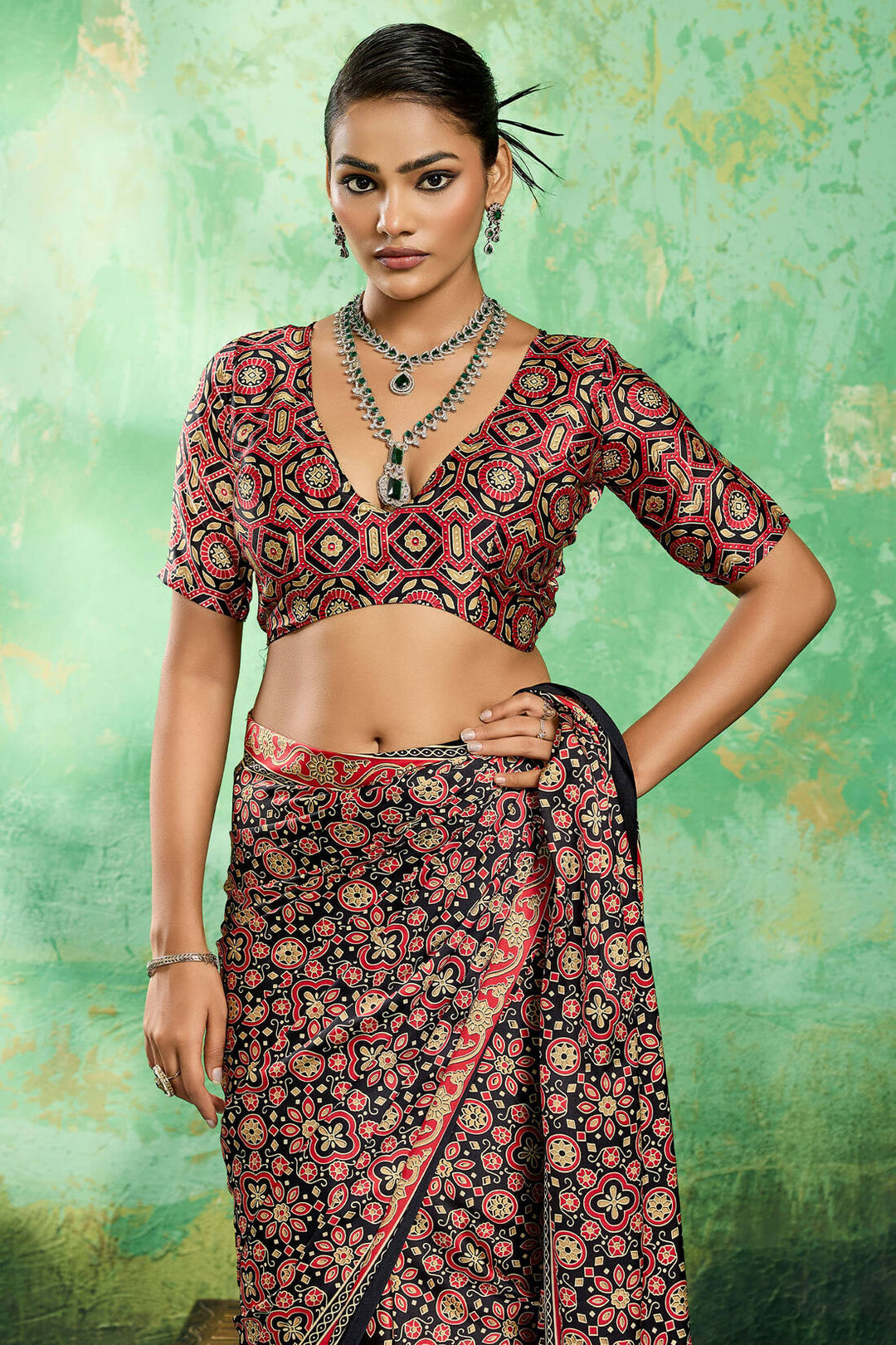 Jet Black Ajrakh Printed Satin Silk Saree