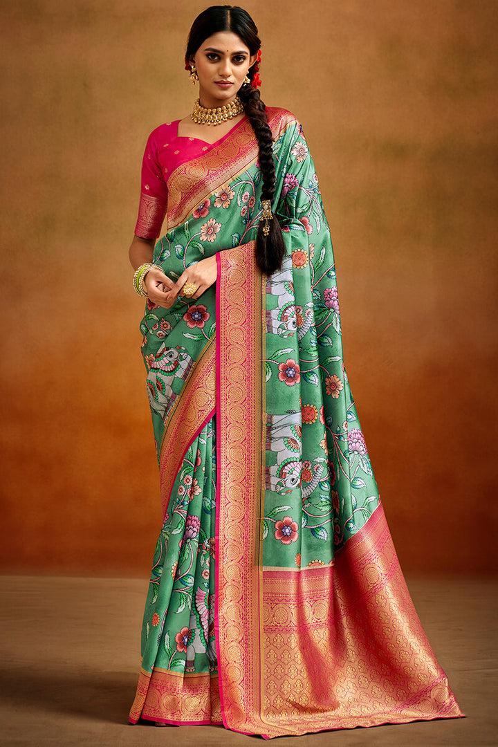 Jewel Green Kalamkari Printed Tussar Silk Saree